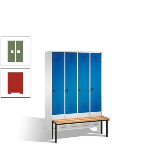 Stahl-Garderobenschrank, Spind, Buche Sitzbank vorgebaut, 4 Abteile a 300 mm, Korpus Lichtgrün, Tür Schwefelgelb, 1.850 x 1.200 x 815 mm (HxBxT)