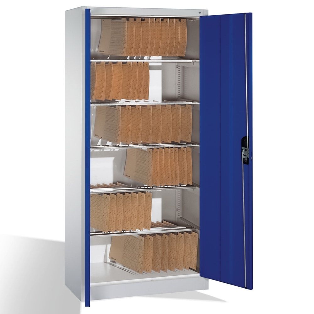 Büroschrank, Aktenschrank mit 6 Pendelstangen, für Elba/Leitz Pendelmappen, Korpusfarbe lichtgrau, Türfarbe enzianblau, 1.950 x 930 x 400 mm (HxBxT)