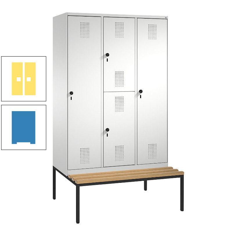 Garderobenschrank, Spind ein- und doppelstöckig Sitzbank, 3 Abteile, 4 Fächer, 2.090x1.200x500 mm (HxBxT), Front anthrazitgrau, Korpus anthrazitgrau