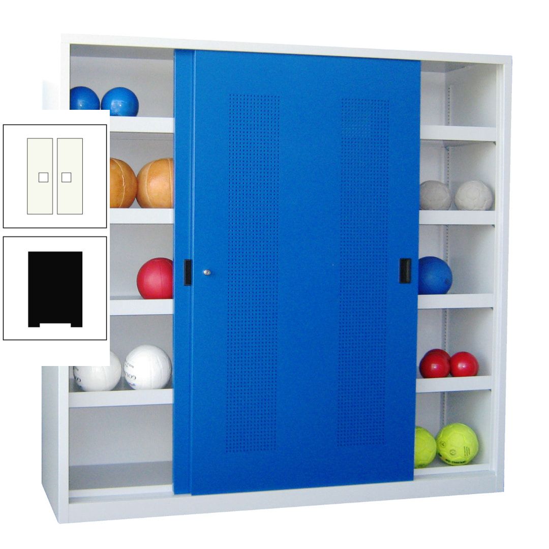 Ballschrank - Schiebetüren mit Lochfeld - Trennwand - 8 Böden - 1.950x2.000x600 mm (HxBxT) - anthrazitgrau