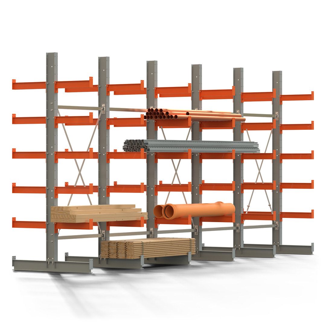 Doppelseitiges Kragarmregal, 2 Felder, 2.500 x 2.000 x 1.120 mm (HxBxT), Nutztiefe 500 mm, Kragarmlast 870 kg, KARL basic, silbergrau/reinorange