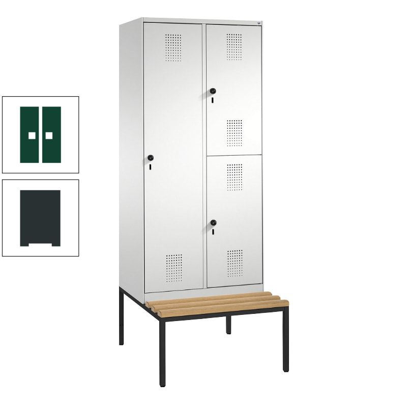 Garderobenschrank, Spind ein- und doppelstöckig Sitzbank, 2 Abteile, 3 Fächer, 2.090 x 800 x 500 mm (HxBxT), Front anthrazitgrau, Korpus anthrazitgrau