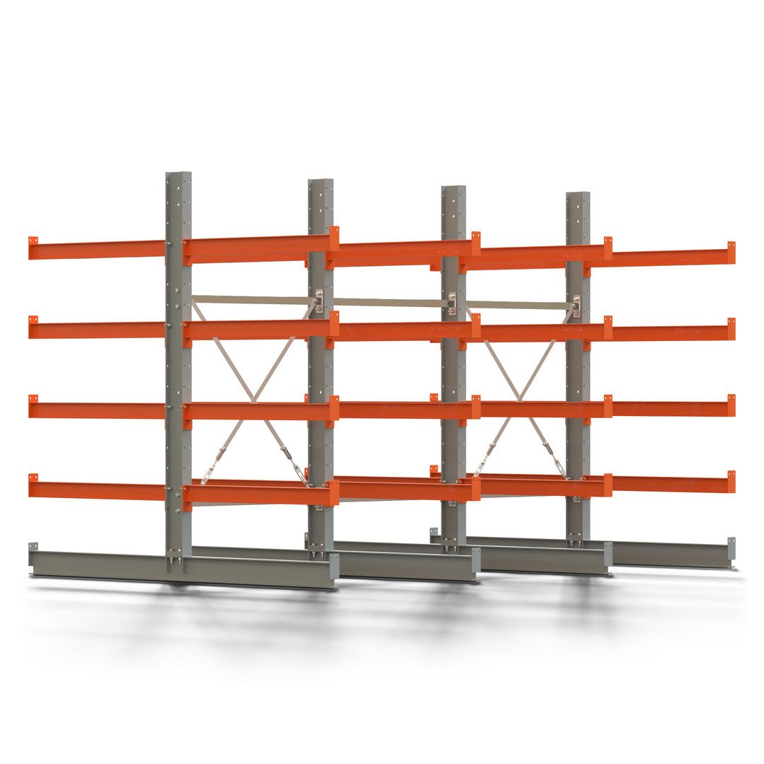 Doppelseitiges Kragarmregal, 2 Felder, 2.000 x 2.000 x 1.120 mm (HxBxT), Nutztiefe 500 mm, Kragarmlast 870 kg, KARL basic, silbergrau/reinorange