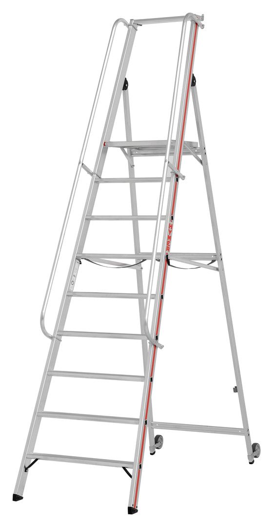 Plattformleiter mit langem Handlauf - Kipprollen - Leiterlänge 1.950 mm - mit Einhängehaken und Ablageschale - Aluleiter - Hymer