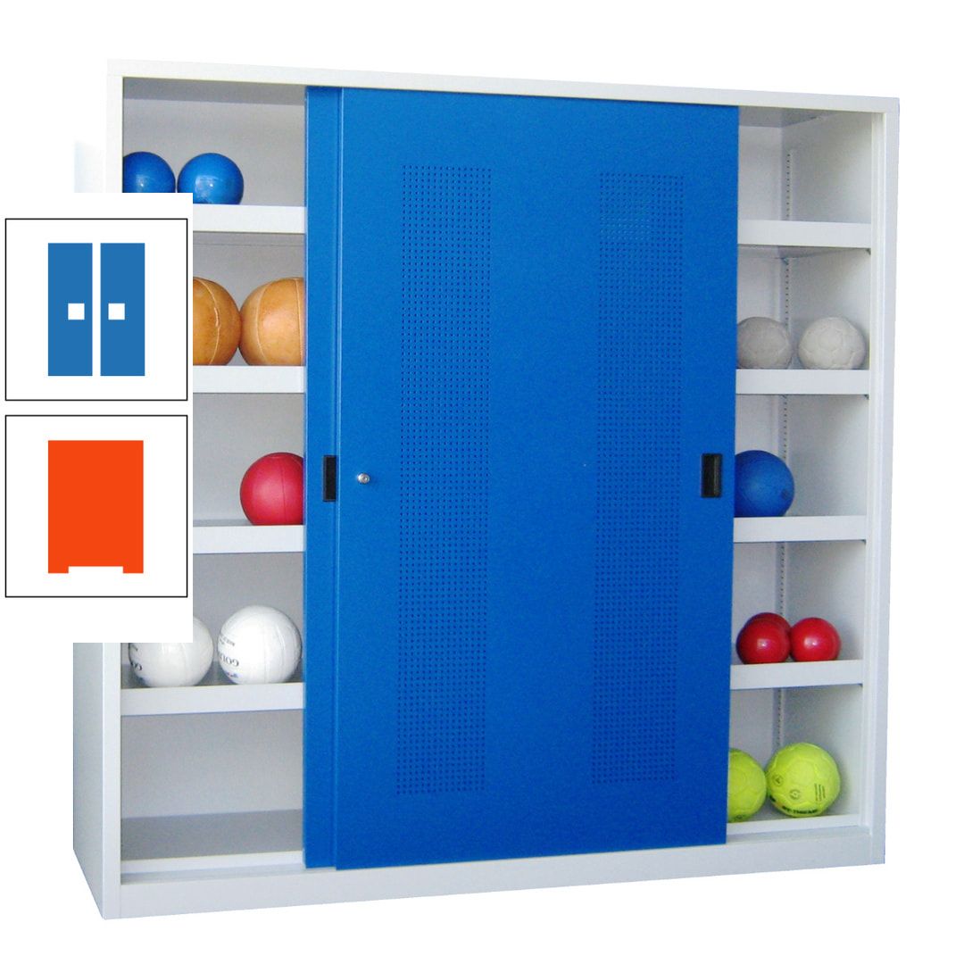 Ballschrank - Schiebetüren mit Lochfeld - Trennwand - 8 Böden - 1.950x2.000x600 mm (HxBxT) - anthrazitgrau