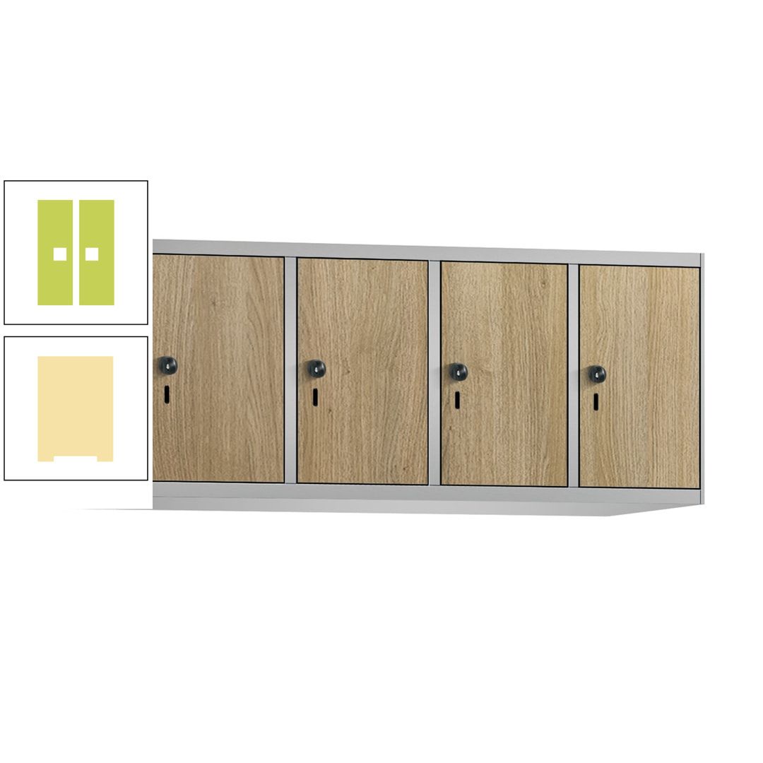 Aufsatzschrank, Schrankaufsatz, 4 Fächer a 300 mm, Farbe Pastellgelb, Tür anthrazitgrau, 500 x 1.200 x 500 mm (HxBxT)
