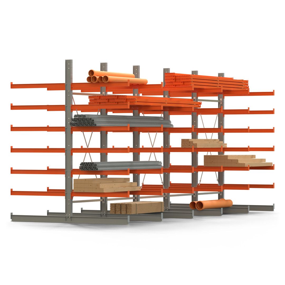 Doppelseitiges Kragarmregal, 2 Felder, 3.000 x 2.560 x 1.120 mm (HxBxT), Nutztiefe 500 mm, Kragarmlast 870 kg, KARL basic, silbergrau/reinorange