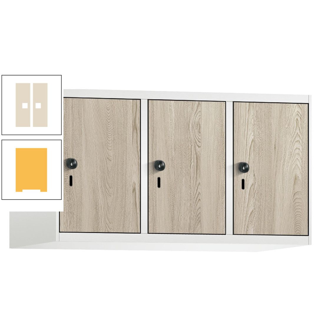 Aufsatzschrank, Schrankaufsatz, 3 Fächer a 300 mm, Farbe Pastellgelb, Tür anthrazitgrau, 500 x 900 x 500 mm (HxBxT)