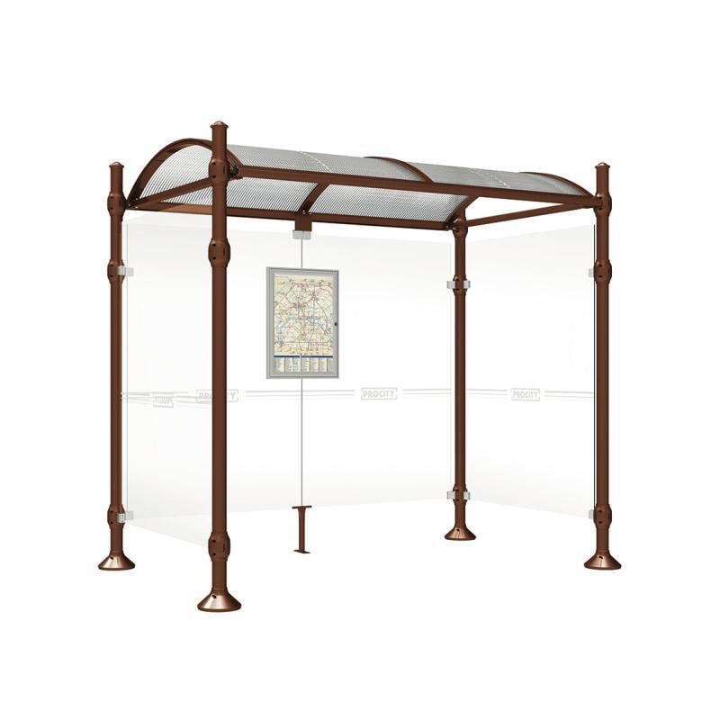 Buswartehalle, Unterstand, 2 Seitenwände, Kopf gebürsteter Edelstahl, ESG, Fahrplanschaukasten, 2.500 x 2.500 x 1.600 mm (HxBxT), Farbe enzianblau