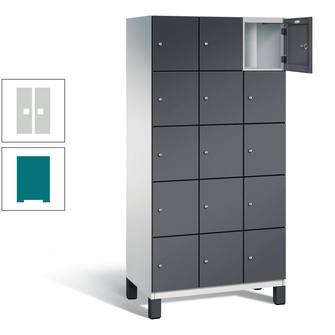 Fächerschrank, Stahlschrank, 15 Fächer, Türöffnungsbegrenzer, Füße, 1.980 x 900 x 525 mm (HxBxT), Korpus anthrazitgrau, Front anthrazitgrau