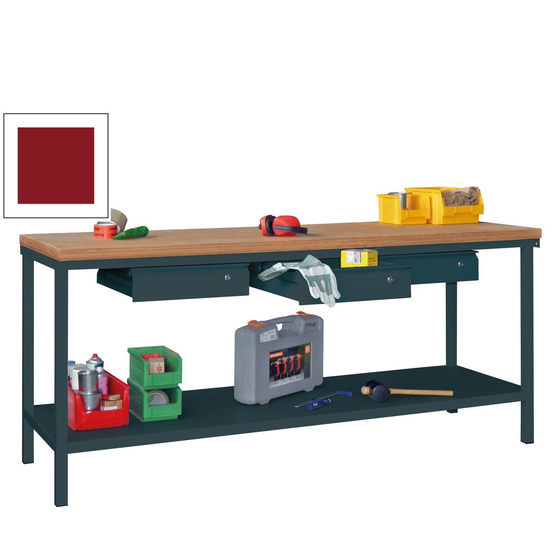Werkbank mit Ablageboden - 3 Schubladen - 900 x 2.000 x 700 mm (HxBxT) - anthrazitgrau