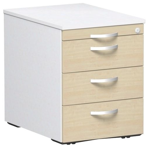 Rollcontainer, 3 Metallschubladen, Utensilienfach, Zentralverriegelung, 565 x 438 x 600 mm (HxBxT), Frontfarbe Ahorn, Korpusfarbe