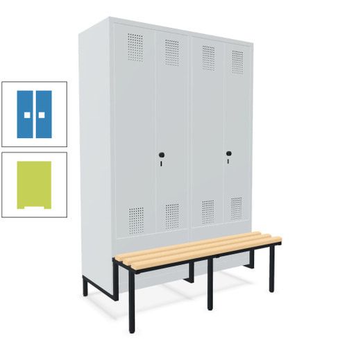 Doppel-Spind, Garderobenschrank, Buche Sitzbank integriert, 4 Abteile 300 mm, Korpus anthrazitgrau, Tür anthrazitgrau, 1.850 x 1.200 x 815 mm (HxBxT)