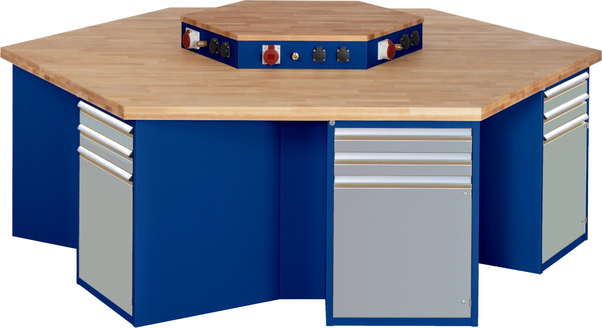 Gruppenwerkbank, Buche, Höhe 840 mm, mit Energieaufsatz, Unterbau-Container, 2 Schubladen, 1 Tür, 1 Boden - Anthrazitgrau