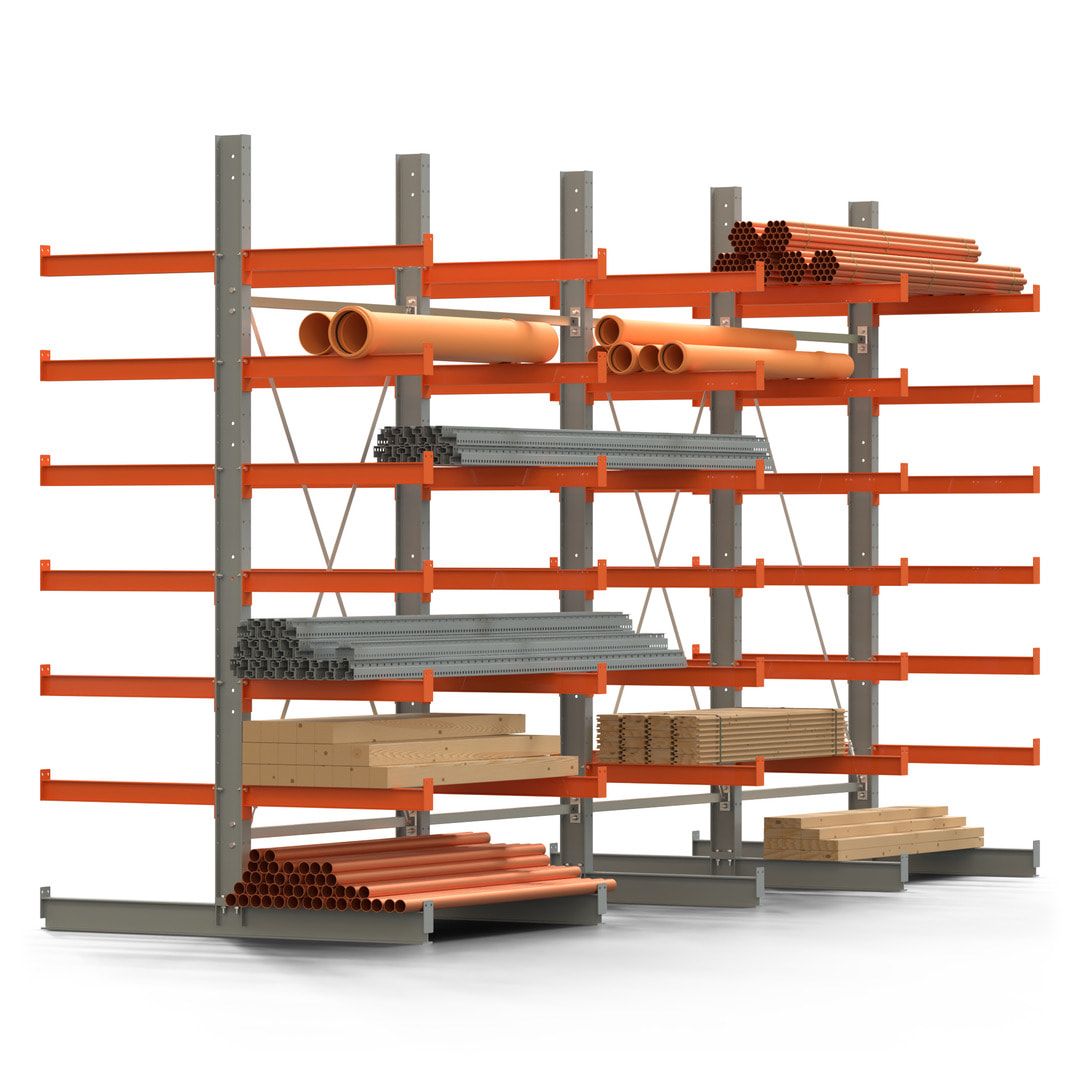 Doppelseitiges Kragarmregal, 2 Felder, 3.000 x 2.560 x 1.120 mm (HxBxT), Nutztiefe 500 mm, Kragarmlast 870 kg, KARL basic, silbergrau/reinorange
