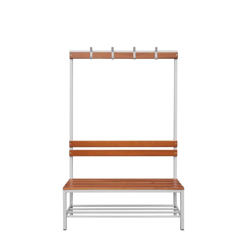 Umkleidebank, Umkleide-Sitzbank, Schuhrost, Haken, Breite 1.200 mm, Sitzhöhe 400 mm, Stahl mit Holzleisten, Gestell: lichtgrau, Sitzleisten: Buche