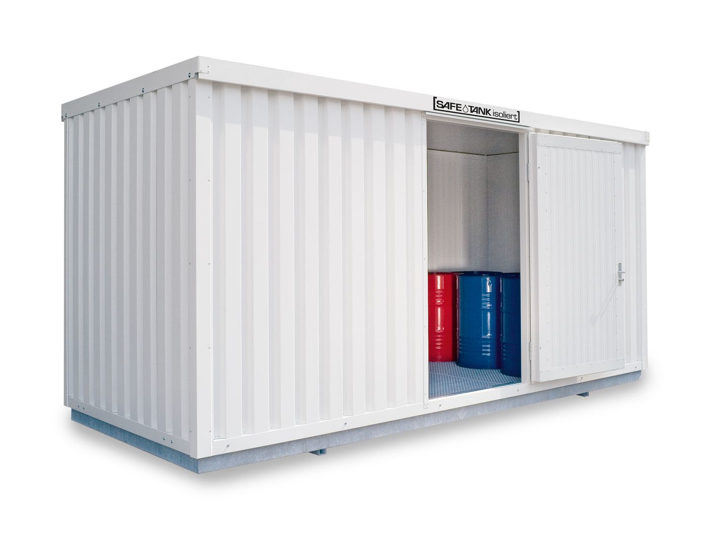 Isolierter Gefahrstoffcontainer - 2.520 x 5.080 x 2.170 mm (HxBxT) - Auffangvolumen 1.450 l - ohne Lüftung - Doppelflügeltür kurze Seite
