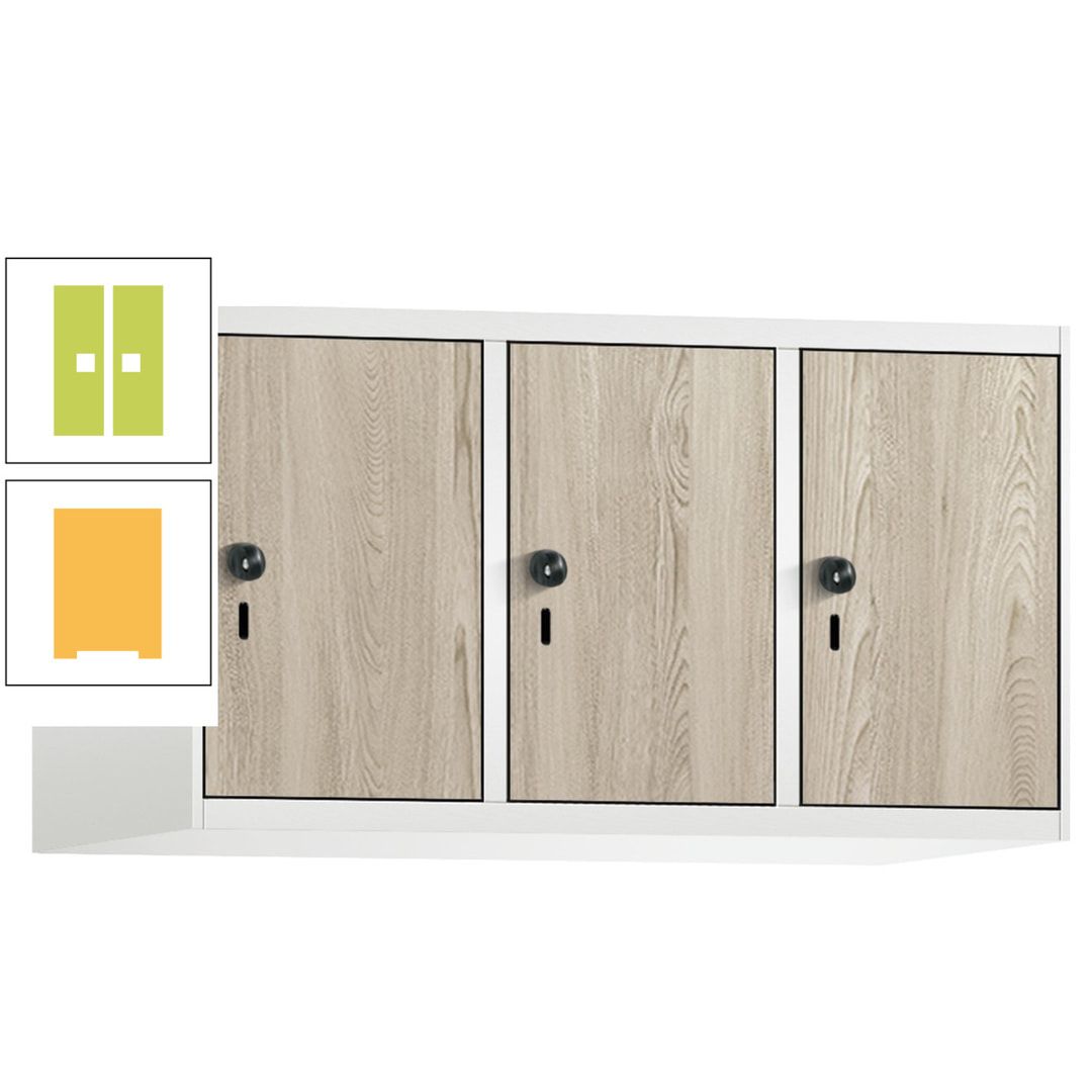 Aufsatzschrank, Schrankaufsatz, 3 Fächer a 300 mm, Farbe Pastellgelb, Tür anthrazitgrau, 500 x 900 x 500 mm (HxBxT)