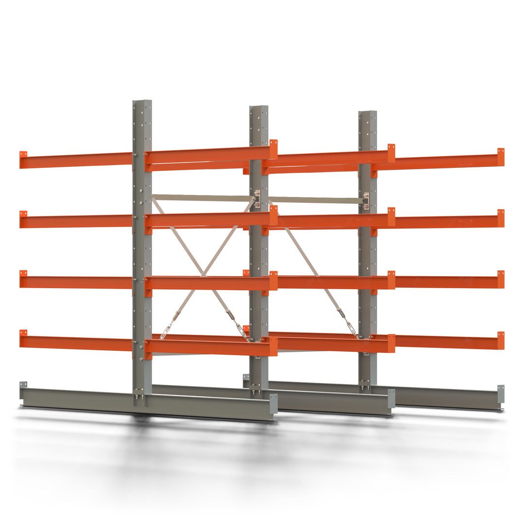 Doppelseitiges Kragarmregal, 2 Felder, 2.000 x 2.000 x 1.120 mm (HxBxT), Nutztiefe 500 mm, Kragarmlast 870 kg, KARL basic, silbergrau/reinorange