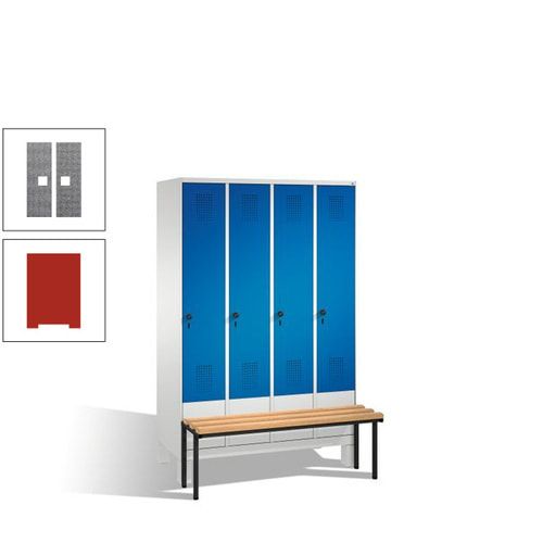 Stahl-Garderobenschrank, Spind, Buche Sitzbank vorgebaut, 4 Abteile a 300 mm, Korpus Lichtgrün, Tür Schwefelgelb, 1.850 x 1.200 x 815 mm (HxBxT)