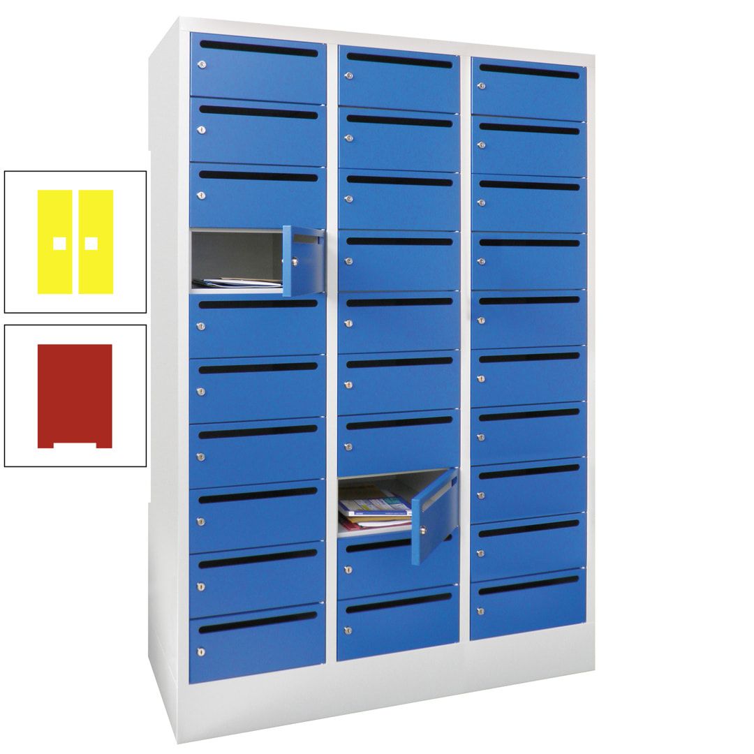 Postverteilerschrank, Schließfachschrank, 3 Abteile a 300 mm, 30 Fächer, 1.850 x 900 x 500 mm (HxBxT), Korpus anthrazitgrau, Front anthrazitgrau