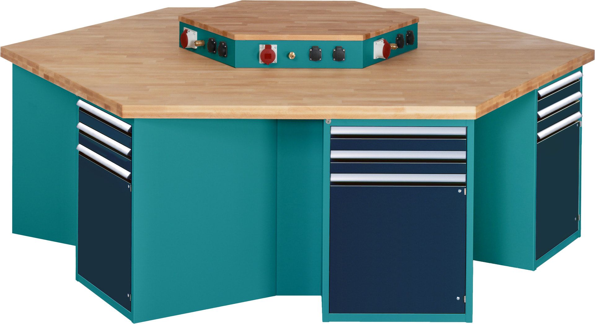 Gruppenwerkbank, Buche, Höhe 840 mm, mit Energieaufsatz, Unterbau-Container, 2 Schubladen, 1 Tür, 1 Boden - Anthrazitgrau