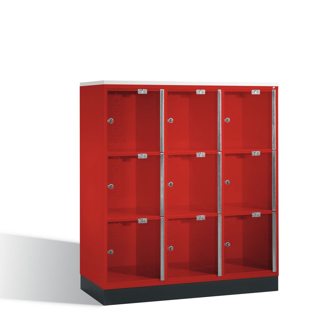 Schließfachschrank, Fächerschrank mit Türen aus Acrylglas, 3 Abteile, 9 Fächer, Zylinderschloss, 1.370 x 1.220 x 500 mm (HxBxT), Korpus anthrazitgrau