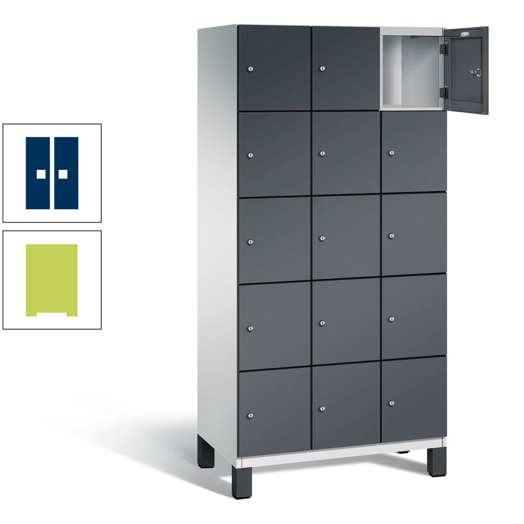 Fächerschrank, Stahlschrank, 15 Fächer, Türöffnungsbegrenzer, Füße, 1.980 x 900 x 525 mm (HxBxT), Korpus anthrazitgrau, Front anthrazitgrau