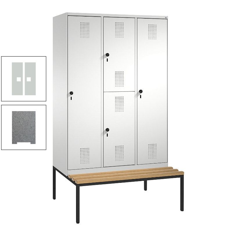 Garderobenschrank, Spind ein- und doppelstöckig Sitzbank, 3 Abteile, 4 Fächer, 2.090x1.200x500 mm (HxBxT), Front anthrazitgrau, Korpus anthrazitgrau