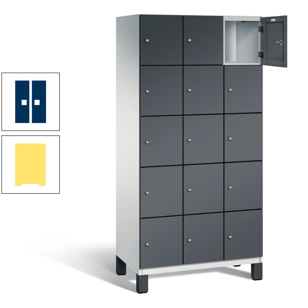 Fächerschrank, Stahlschrank, 15 Fächer, Türöffnungsbegrenzer, Füße, 1.980 x 900 x 525 mm (HxBxT), Korpus anthrazitgrau, Front anthrazitgrau