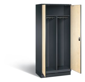 Doppel-Spind, Garderobenschrank auf Sockel, 2 Abteile a 400 mm, Korpus Vulkangrau, Holzdekor, 1.800 x 800 x 500 mm (HxBxT)