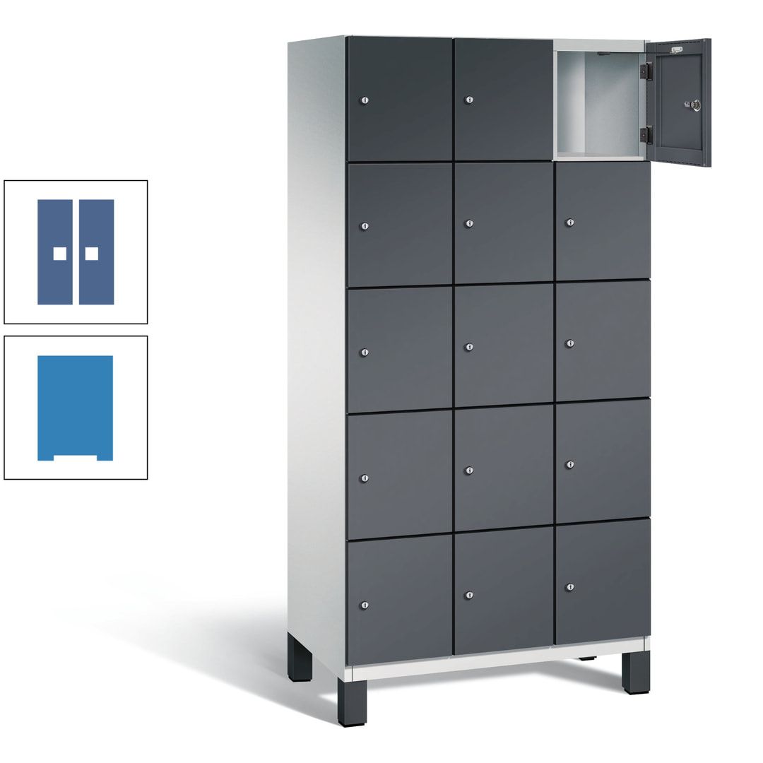 Fächerschrank, Stahlschrank, 15 Fächer, Türöffnungsbegrenzer, Füße, 1.980 x 900 x 525 mm (HxBxT), Korpus anthrazitgrau, Front anthrazitgrau