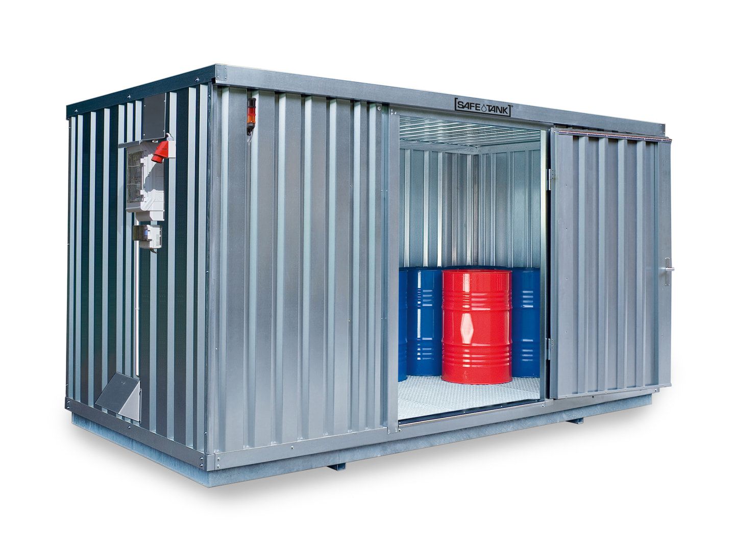 Gefahrstoffcontainer - Gefahrstoffdepot - 2.300 x 4.050 x 2.170 mm (HxBxT) - Auffangvolumen 1050 l - Lüftersteuerung - Doppelflügeltür kurze Seite