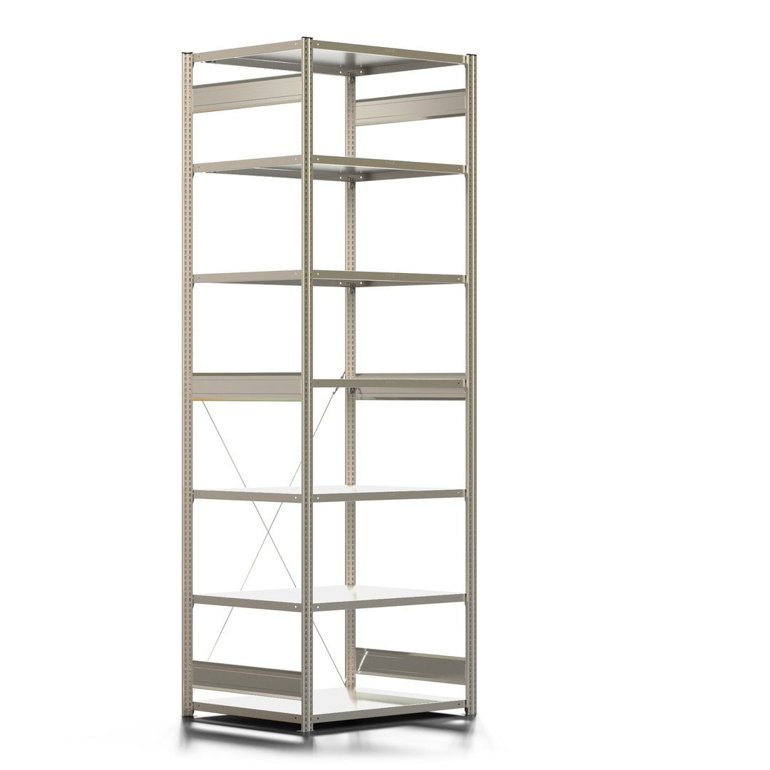 Fachbodenregal mit Tiefenriegel - 150 kg - 3.000 x 1.005 x 800 mm (HxBxT) - Anbauregal - verzinkt - 7 Böden - Lagerregal - Steckregal BERT