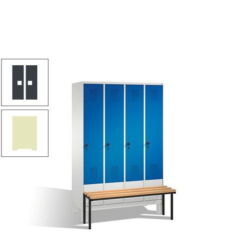 Stahl-Garderobenschrank, Spind, Buche Sitzbank vorgebaut, 4 Abteile a 300 mm, Korpus Lichtgrün, Tür Schwefelgelb, 1.850 x 1.200 x 815 mm (HxBxT)