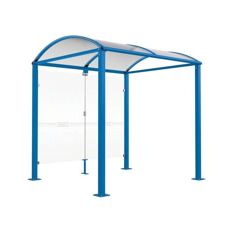 Fahrradunterstand, Fahrradüberdachung, All-in-One + Zusatz, Sicherheitsglas, 2.635 x 5.000 x 2.090 mm (HxBxT), auf Bodenplatten, Farbe enzianblau