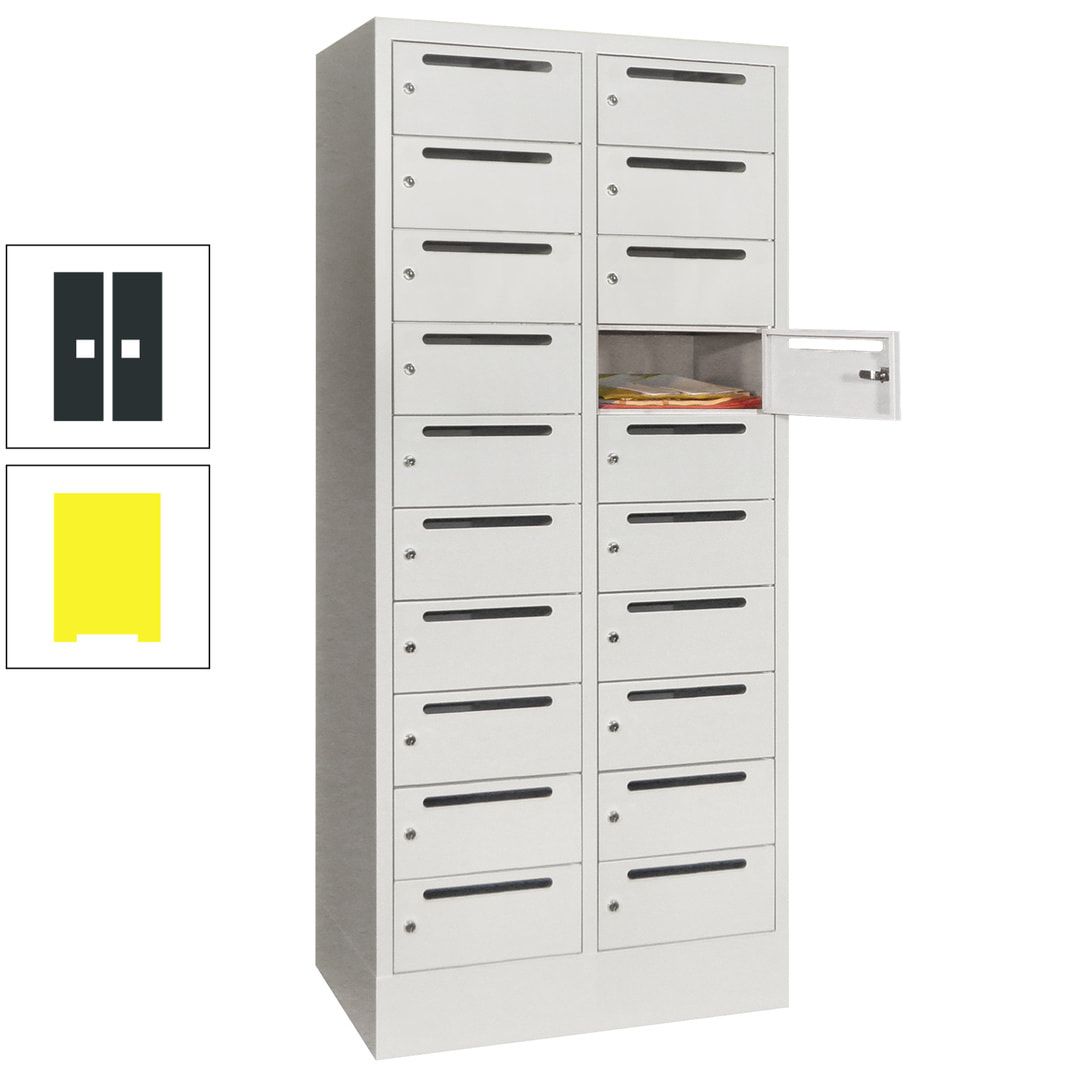 Postverteilerschrank, Schließfachschrank, 2 Abteile a 400 mm, 20 Fächer, 1.850 x 800 x 500 mm (HxBxT), Korpus anthrazitgrau, Front anthrazitgrau
