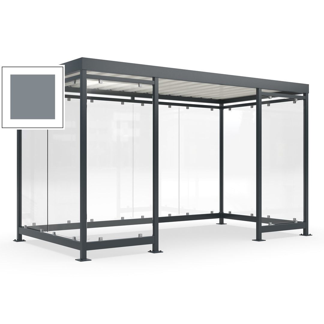 Fahrgastunterstand, Raucherunterstand, fertig montiert, Aufdübeln, 12-13 Personen, 2.510 x 4.195 x 2.165 mm (HxBxT), 10 Wände, Achatgrau