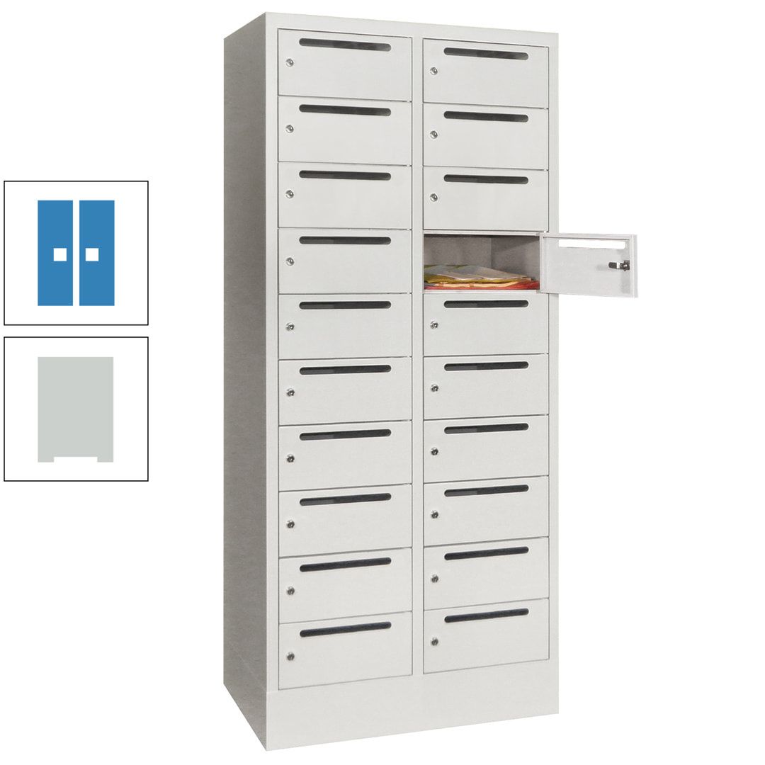 Postverteilerschrank, Schließfachschrank, 2 Abteile a 400 mm, 20 Fächer, 1.850 x 800 x 500 mm (HxBxT), Korpus anthrazitgrau, Front anthrazitgrau