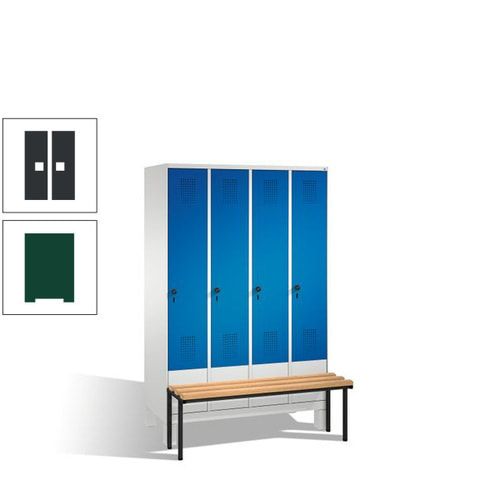 Stahl-Garderobenschrank, Spind, Buche Sitzbank vorgebaut, 4 Abteile a 300 mm, Korpus Lichtgrün, Tür Schwefelgelb, 1.850 x 1.200 x 815 mm (HxBxT)