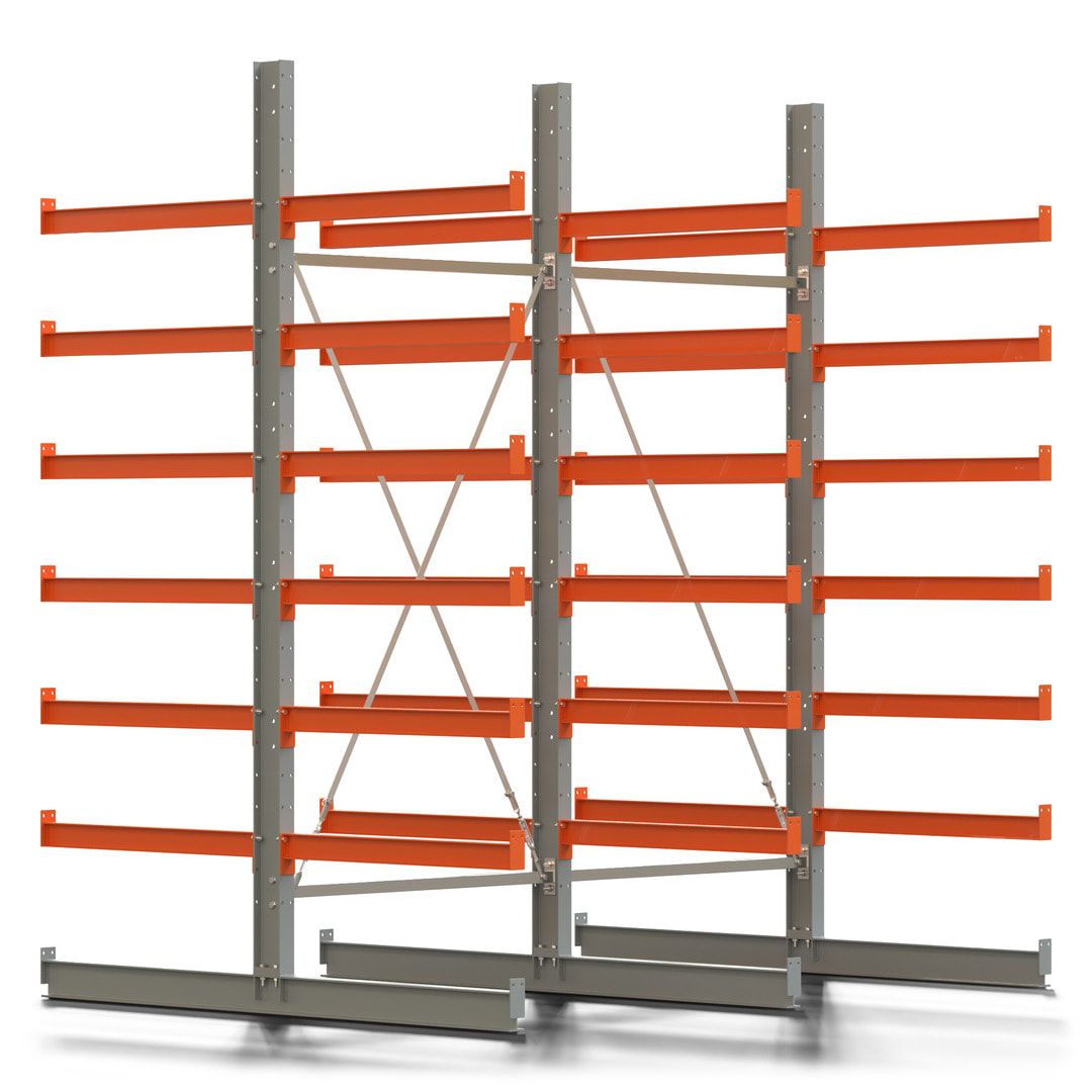 Doppelseitiges Kragarmregal, 2 Felder, 3.000 x 2.560 x 1.120 mm (HxBxT), Nutztiefe 500 mm, Kragarmlast 870 kg, KARL basic, silbergrau/reinorange