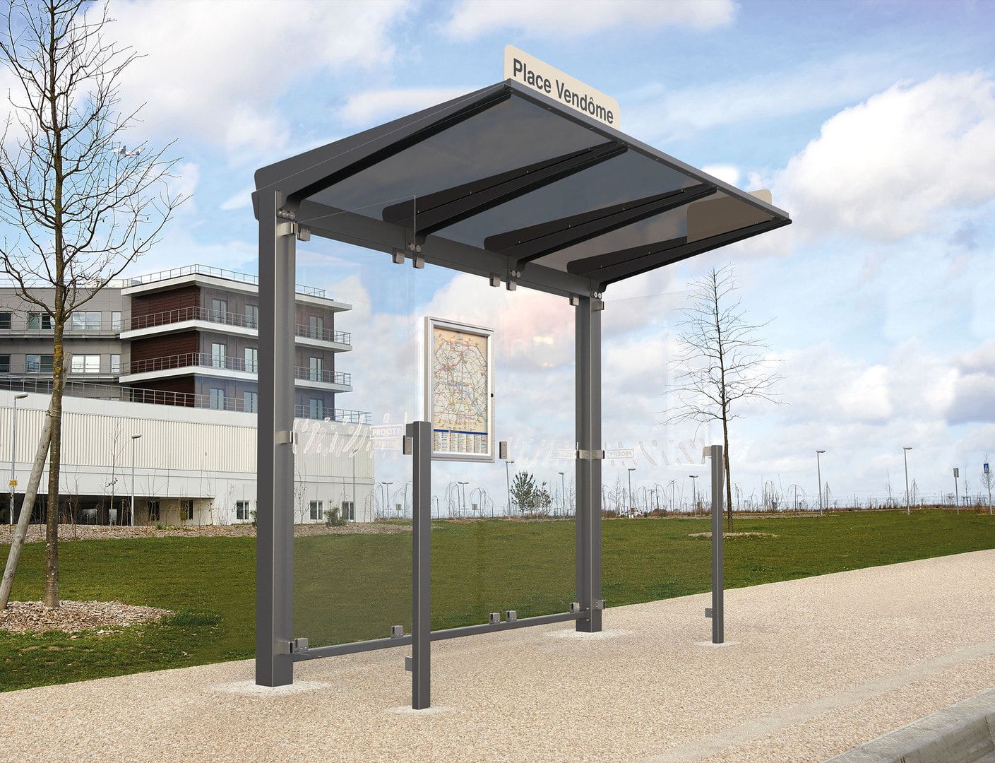 Buswartehalle - Unterstand - ESG - 2 Seitenverkleidungen - Fahrplankasten - Haltestellenschild - LED - 2.390 x 2.500 x 1.500 mm (HxBxT) - enzianblau