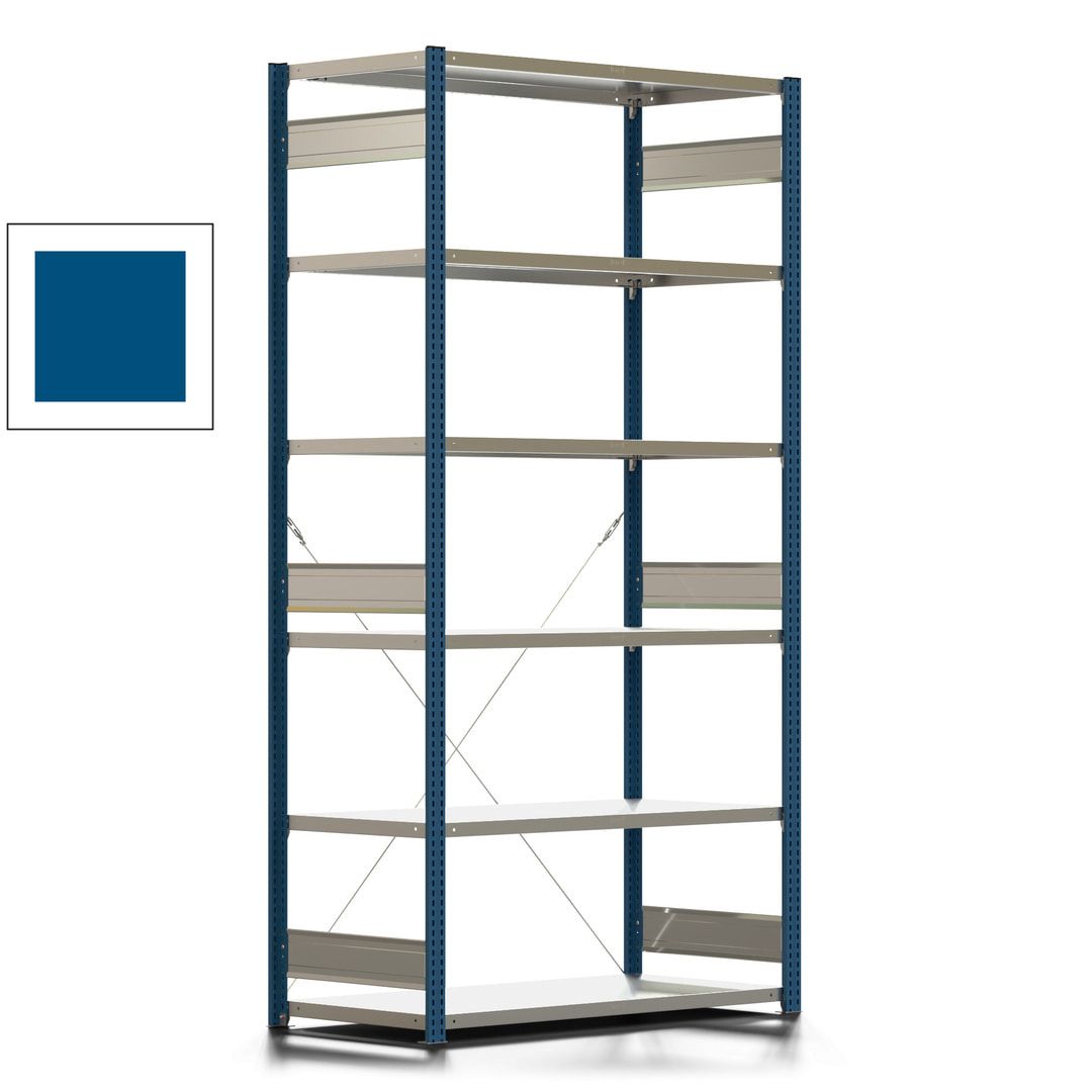Fachbodenregal mit Tiefenriegel - 150 kg - 2.500 x 1.285 x 600 mm (HxBxT) - Anbauregal - Rahmen enzianblau - Böden verzinkt, Steckregal BERT
