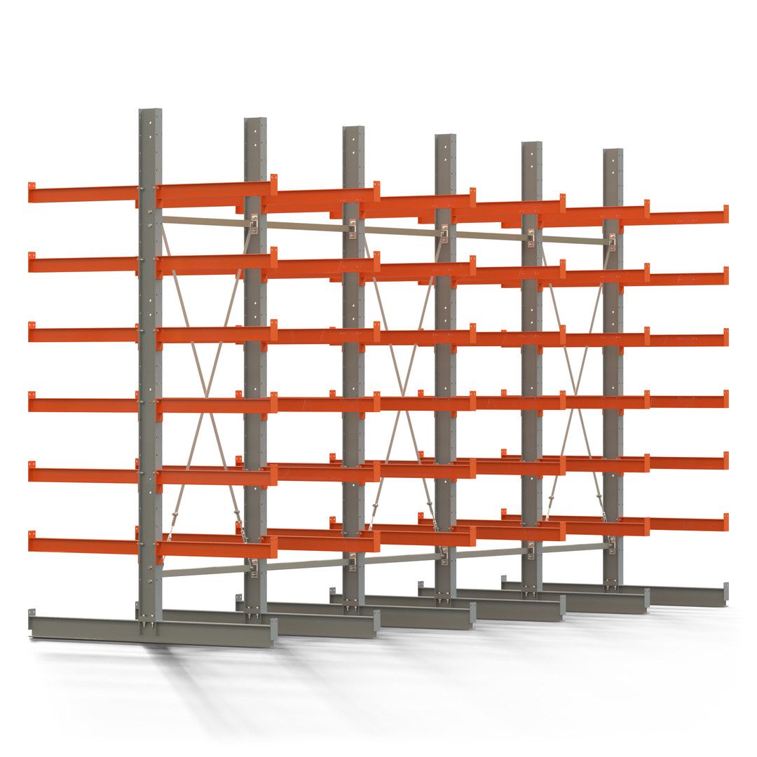 Doppelseitiges Kragarmregal, 2 Felder, 3.000 x 2.000 x 1.120 mm (HxBxT), Nutztiefe 500 mm, Kragarmlast 870 kg, KARL basic, silbergrau/reinorange