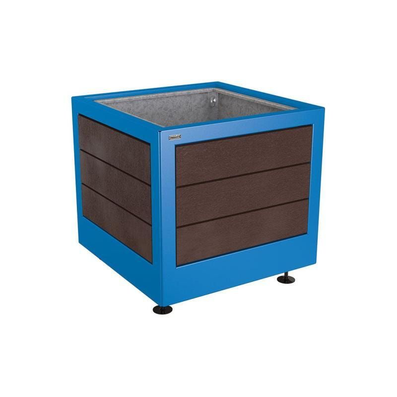 Pflanzbehälter, Stahl, recyclebarer Kunststoff, verstellbare Füße, Innen Blech fvz mit Verladungsgriffen, 700 x 800 x 800 mm (HxBxT), enzianblau