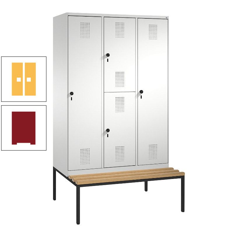 Garderobenschrank, Spind ein- und doppelstöckig Sitzbank, 3 Abteile, 4 Fächer, 2.090x1.200x500 mm (HxBxT), Front anthrazitgrau, Korpus anthrazitgrau