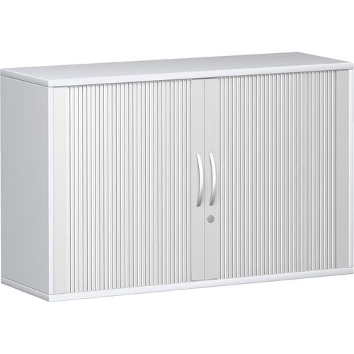 Querrollladenschrank, Dekoreinlageboden, Metallsockel/Standfüße, abschließbar, 768 x 1.000 x 425 mm (HxBxT), Korpusfarbe Ahorn, Frontfarbe silber