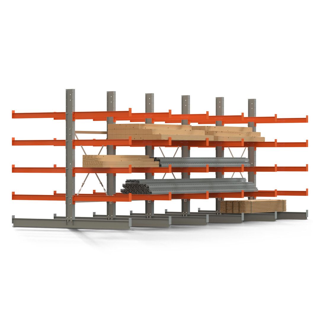 Doppelseitiges Kragarmregal, 2 Felder, 2.000 x 2.000 x 1.120 mm (HxBxT), Nutztiefe 500 mm, Kragarmlast 870 kg, KARL basic, silbergrau/reinorange