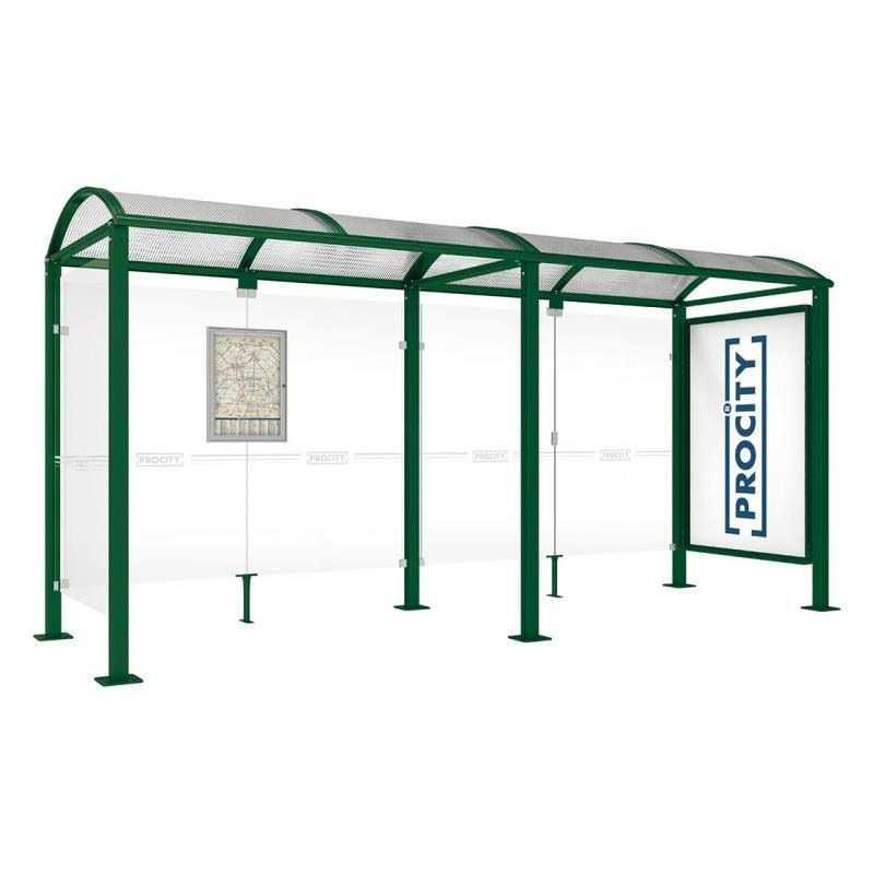 Buswartehalle, Unterstand, 1 Seitenwand, Schaukasten, feuerverzinkt, 2.500 x 2.500 x 1.600 mm (HxBxT), ESG, Fahrplanschaukasten, Farbe enzianblau