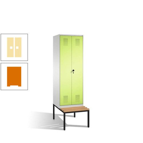 Doppel-Spind, Garderobenschrank, Buche Sitzbank untergebaut, 2 Abteile a 300 mm, Korpus anthrazitgrau, Tür anthrazitgrau, 2.090 x 600 x 815 mm (HxBxT)